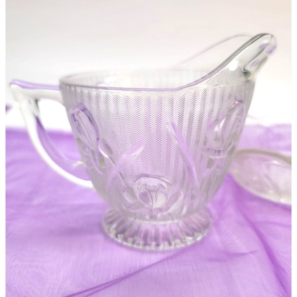 Jeanette Glass Iris Creamer and Sugar Bowl Depression Era Vintage Clear PR610 - Picture 6 of 12